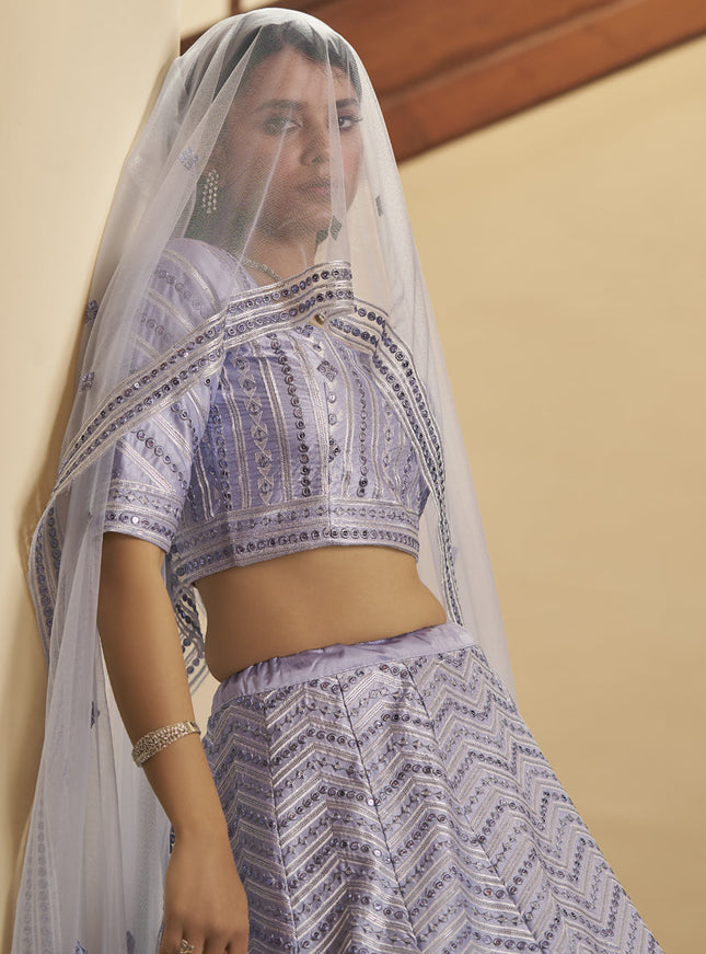 Fashionable Lavender Silk Sequins Wedding Lehenga Choli