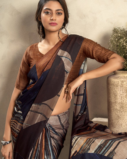 Coffee Brown Satin Silk Printed Saree