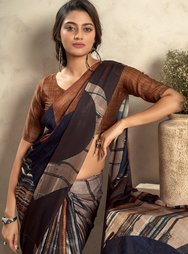Coffee Brown Satin Silk Printed Saree