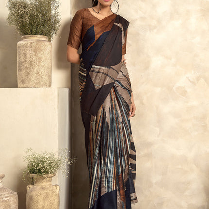 Coffee Brown Satin Silk Printed Saree