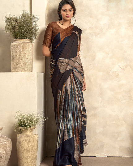 Coffee Brown Satin Silk Printed Saree