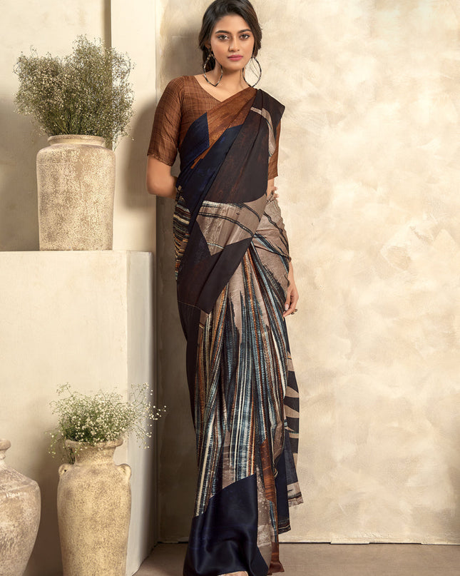 Coffee Brown Satin Silk Printed Saree