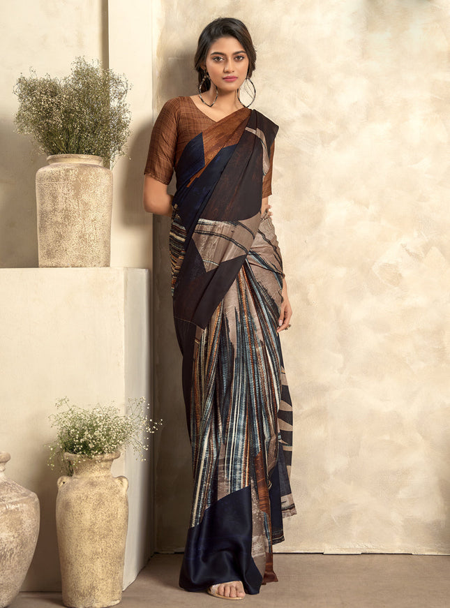 Coffee Brown Satin Silk Printed Saree