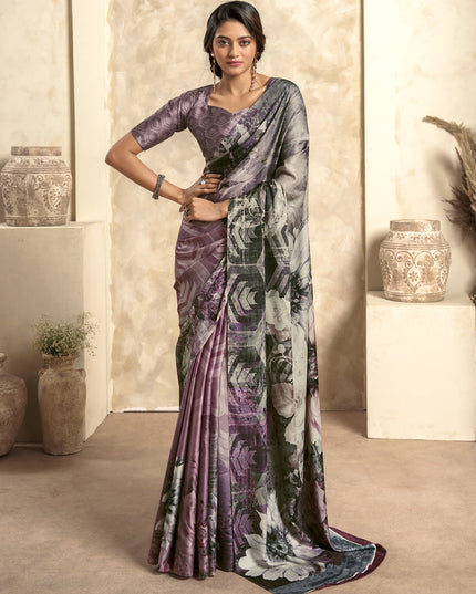 Purple Satin Silk Printed Saree