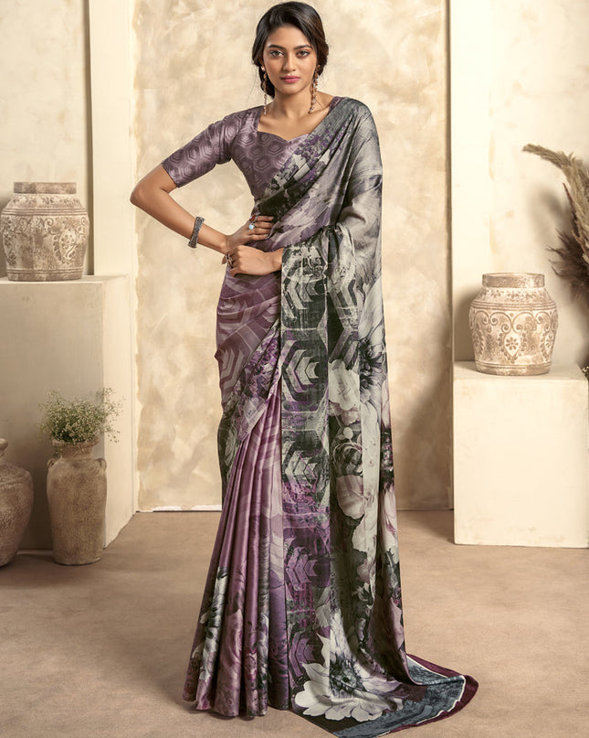 Purple Satin Silk Printed Saree