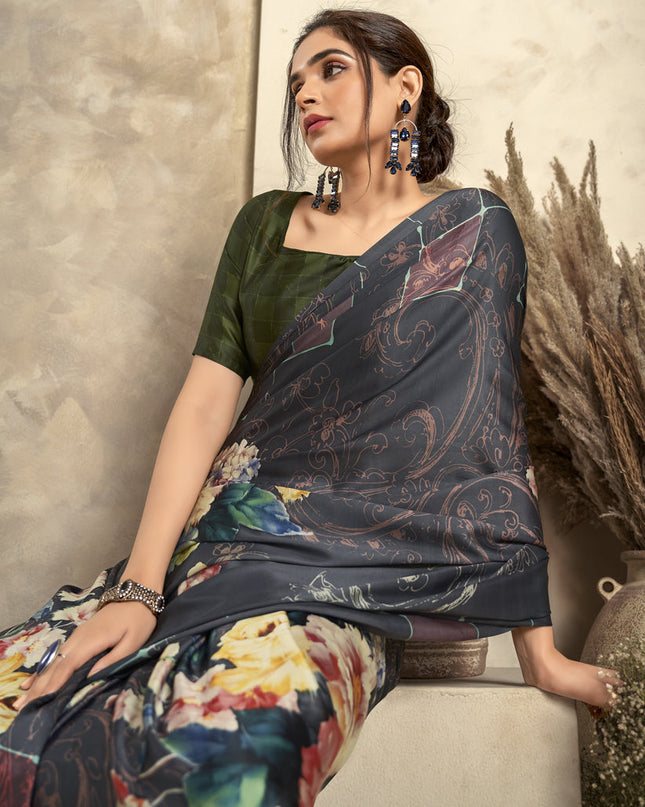 Black Satin Silk Printed Saree
