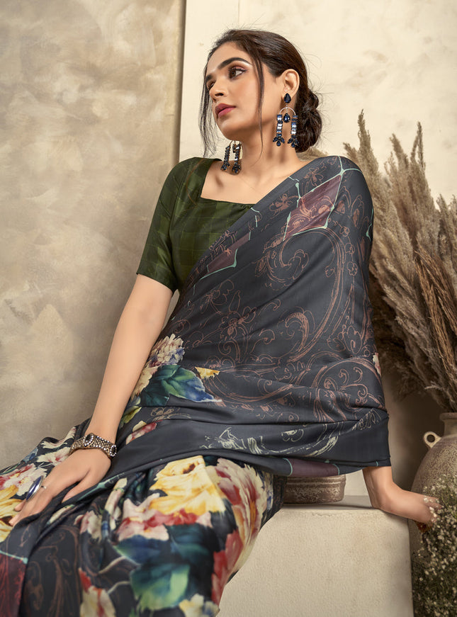 Black Satin Silk Printed Saree