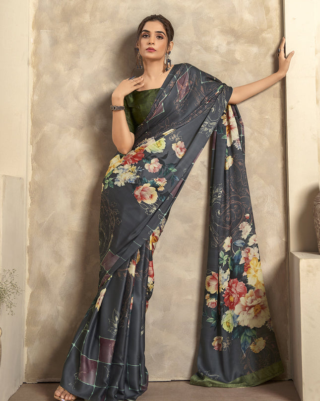 Black Satin Silk Printed Saree