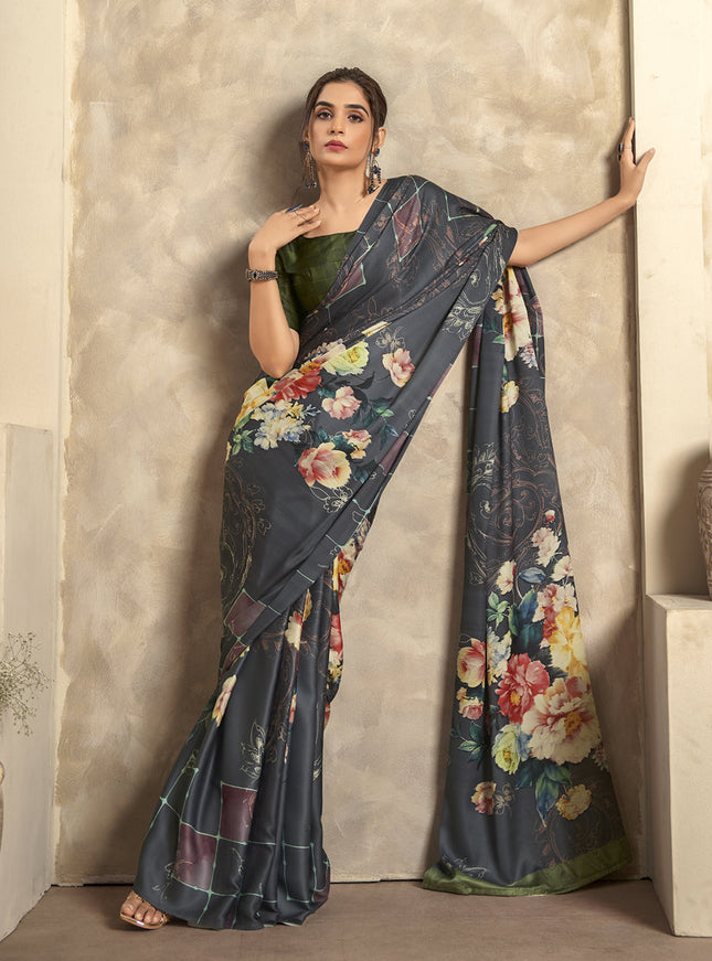 Black Satin Silk Printed Saree