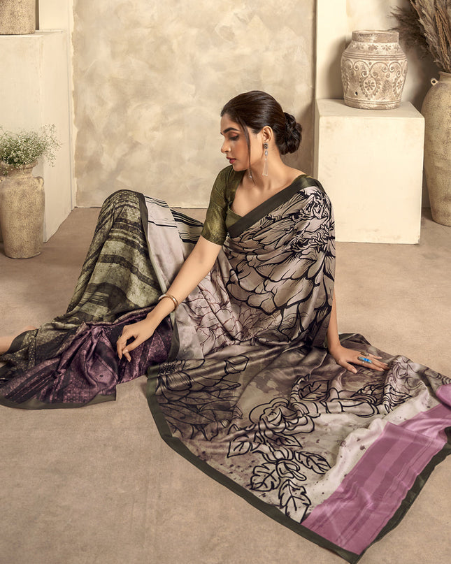 Beige Satin Silk Printed Saree