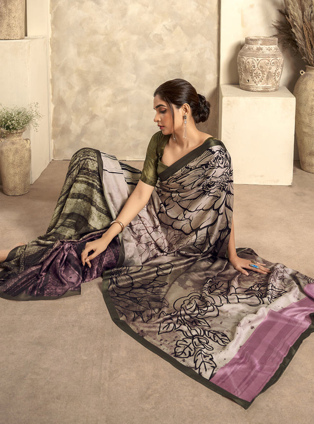 Beige Satin Silk Printed Saree