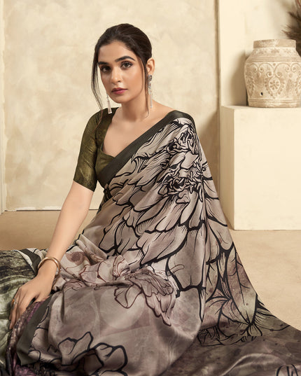 Beige Satin Silk Printed Saree