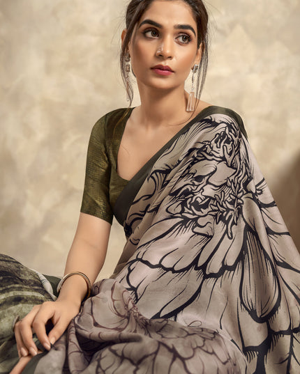 Beige Satin Silk Printed Saree