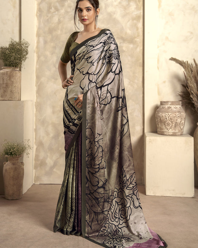Beige Satin Silk Printed Saree