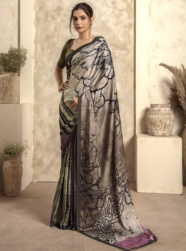 Beige Satin Silk Printed Saree