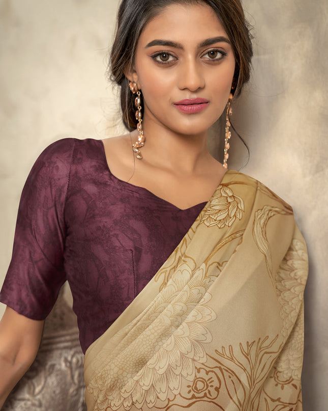 Cream Satin Silk Printed Saree