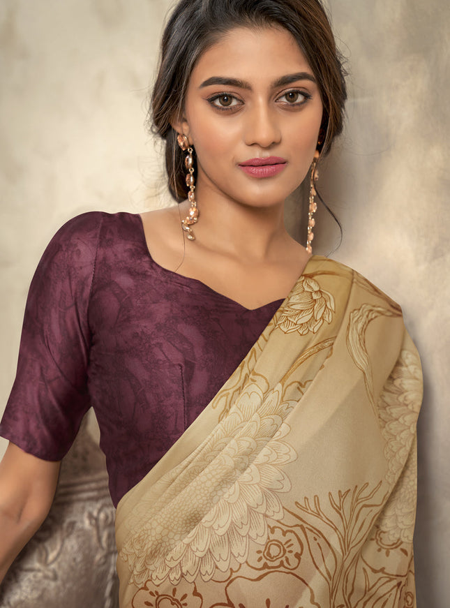 Cream Satin Silk Printed Saree