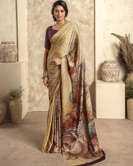 Cream Satin Silk Printed Saree