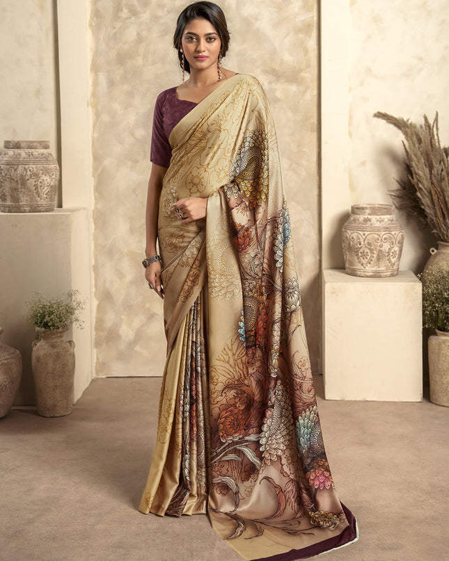 Cream Satin Silk Printed Saree
