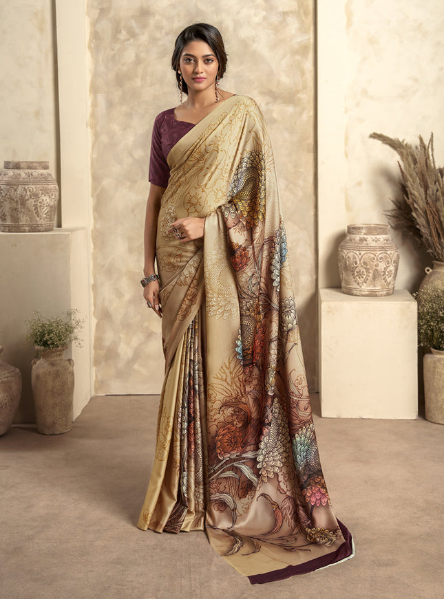 Cream Satin Silk Printed Saree