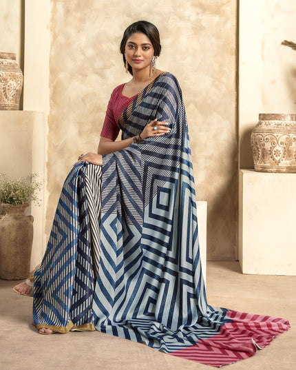 Navy Blue Satin Silk Printed Saree