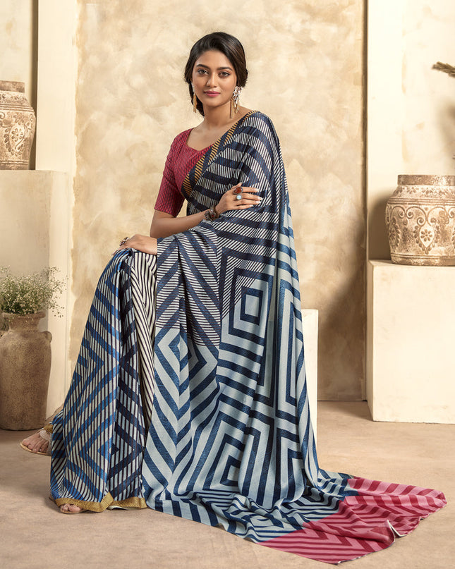 Navy Blue Satin Silk Printed Saree