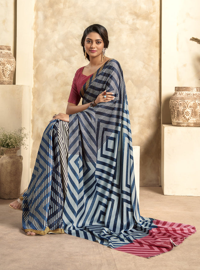 Navy Blue Satin Silk Printed Saree