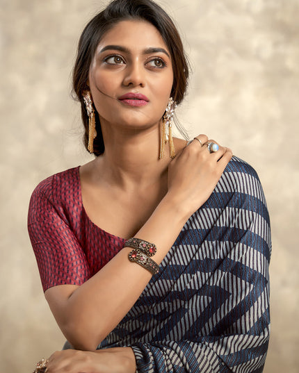 Navy Blue Satin Silk Printed Saree