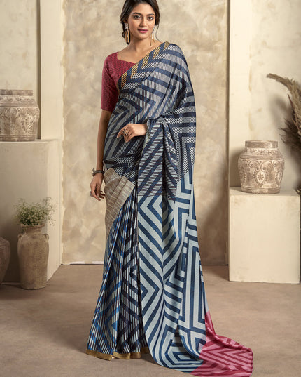 Navy Blue Satin Silk Printed Saree