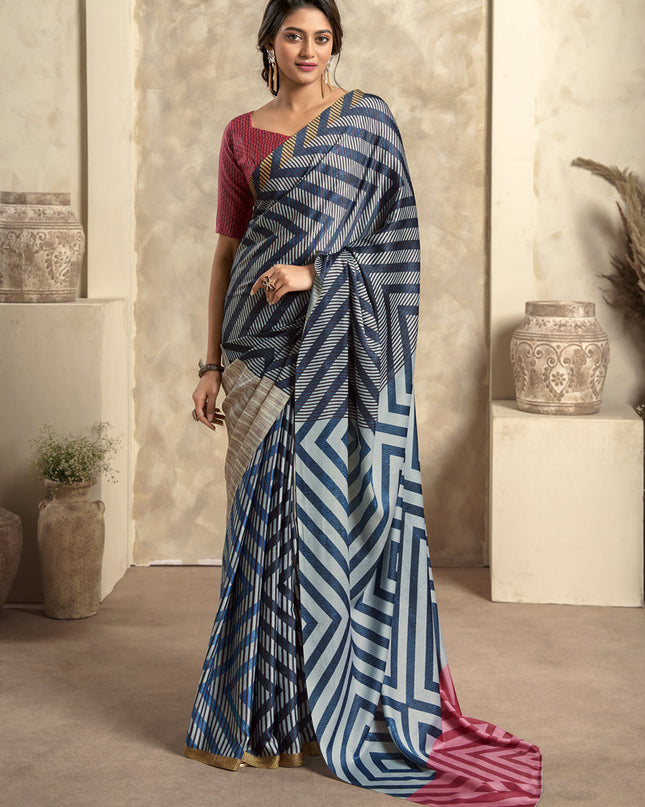 Navy Blue Satin Silk Printed Saree