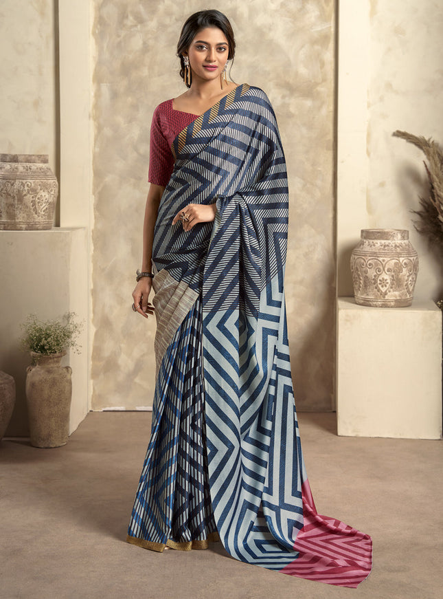 Navy Blue Satin Silk Printed Saree