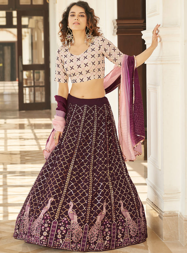 Fashionable Burgundy Georgette Embroidered Designer Lehenga Choli