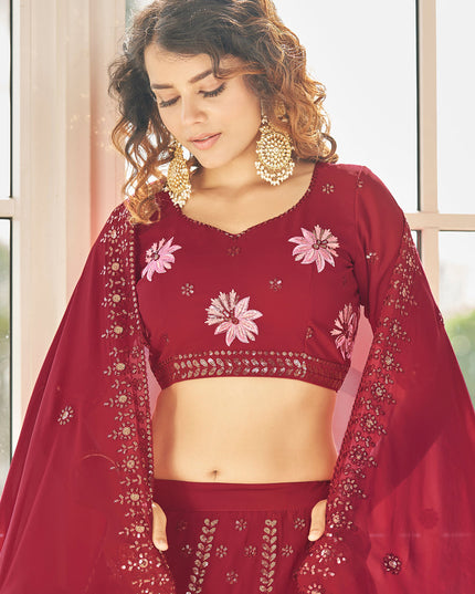 Graceful Berry Red Georgette Embroidered Designer Lehenga Choli