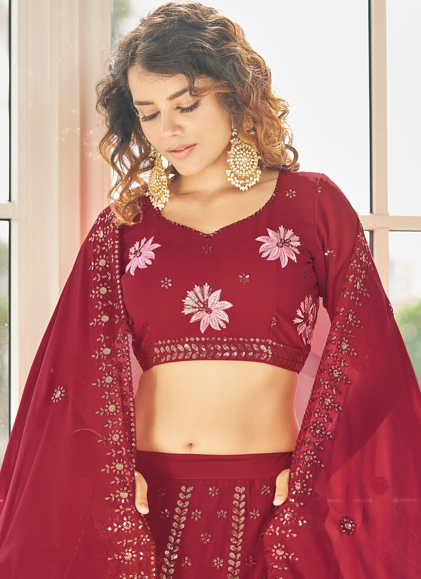 Graceful Berry Red Georgette Embroidered Designer Lehenga Choli