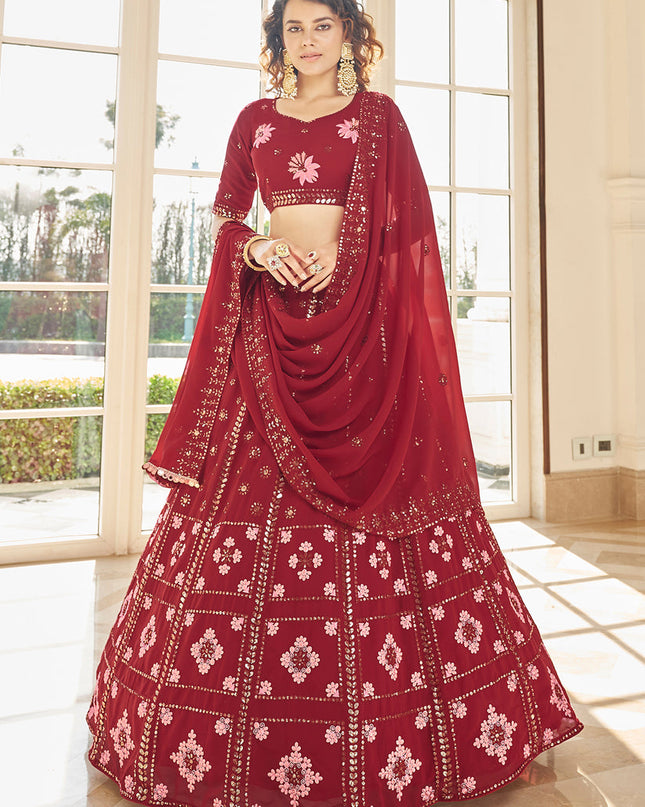 Graceful Berry Red Georgette Embroidered Designer Lehenga Choli