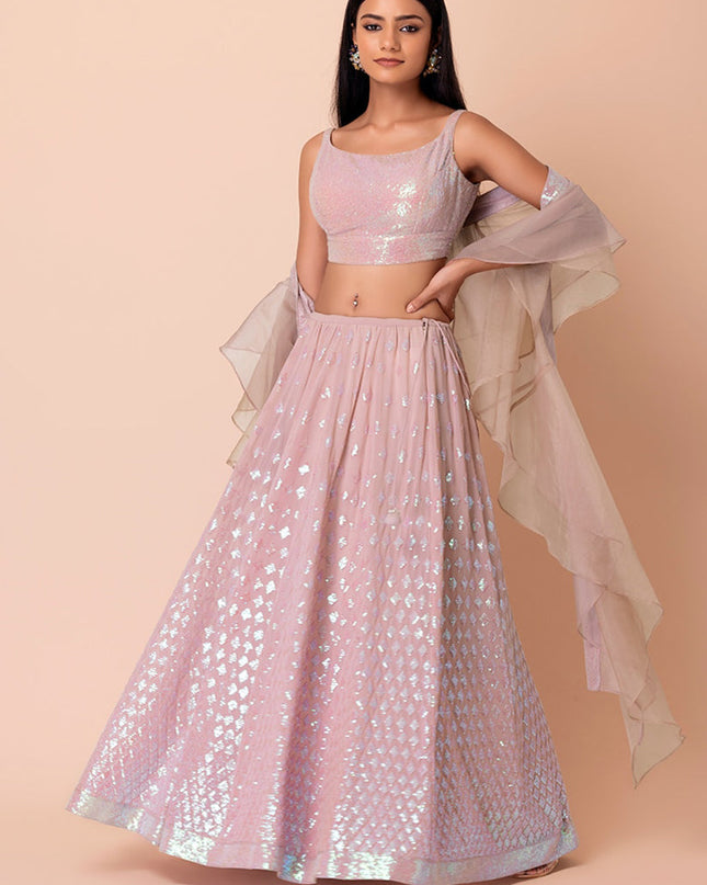 light pink embroidered georgette lehenga choli set