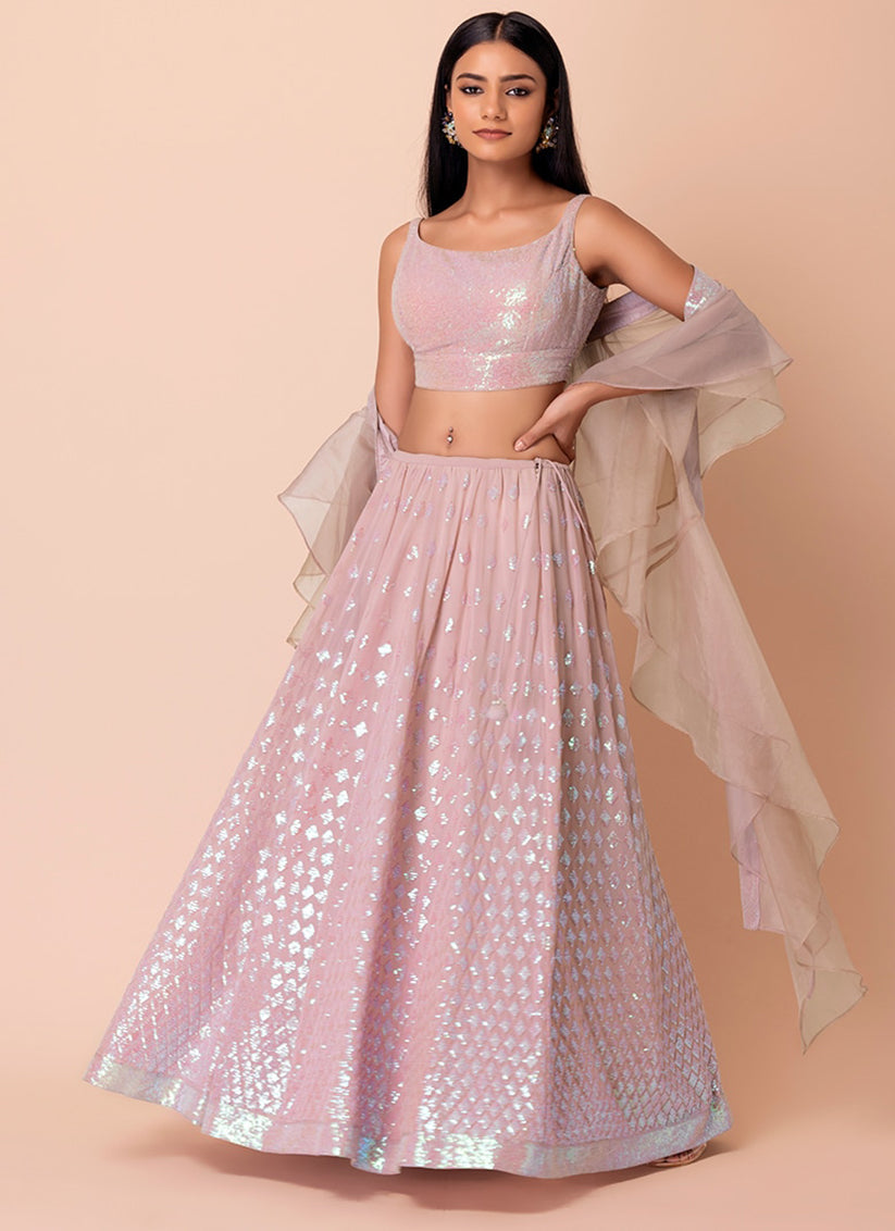 light pink embroidered georgette lehenga choli set