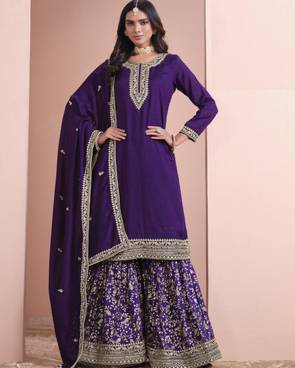 violet art silk embroidered palazzo kameez