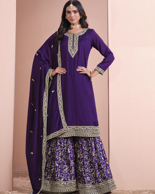 violet art silk embroidered palazzo kameez