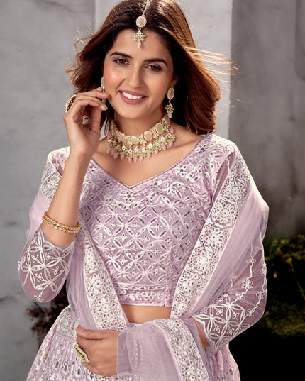 Lavender Net Embroidered Lehenga Choli Set