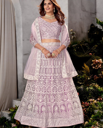 Lavender Net Embroidered Lehenga Choli Set