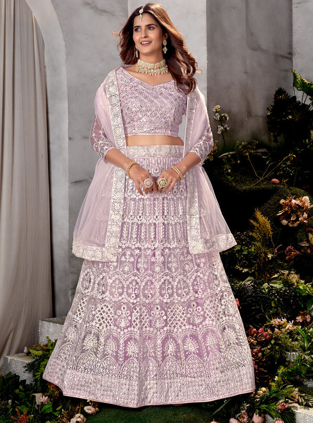 Lavender Net Embroidered Lehenga Choli Set