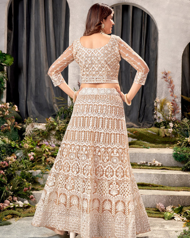 Beige Net Embroidered Lehenga Choli Set