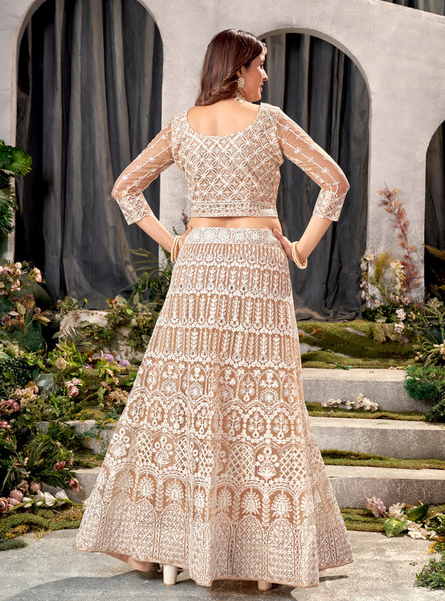 Beige Net Embroidered Lehenga Choli Set