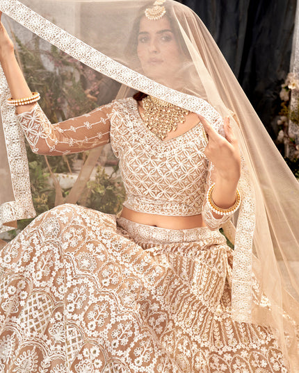 Beige Net Embroidered Lehenga Choli Set