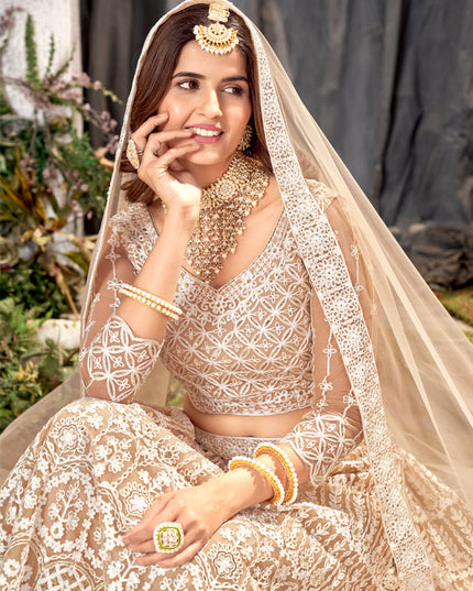 Beige Net Embroidered Lehenga Choli Set