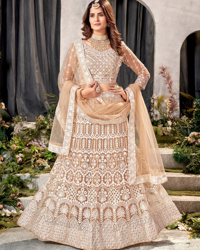 Beige Net Embroidered Lehenga Choli Set
