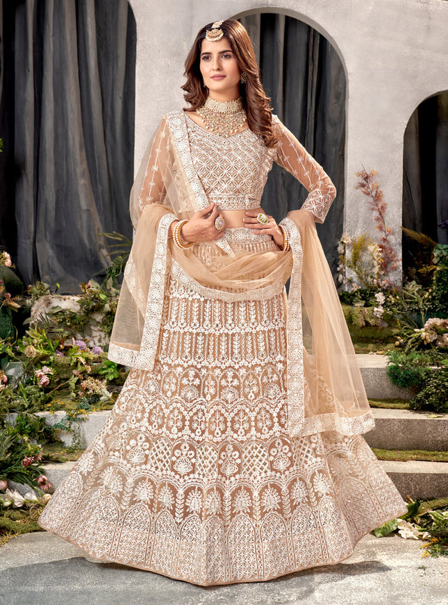 Beige Net Embroidered Lehenga Choli Set