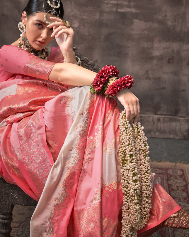 Off White and Pink Silk Handloom Weaving Saree