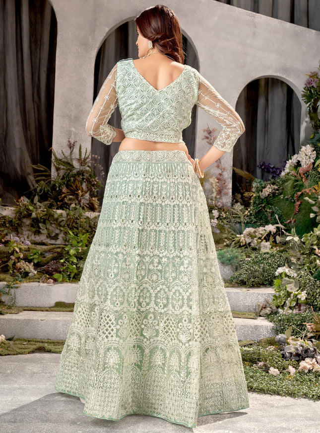 Pista Green Net Embroidered Lehenga Choli Set